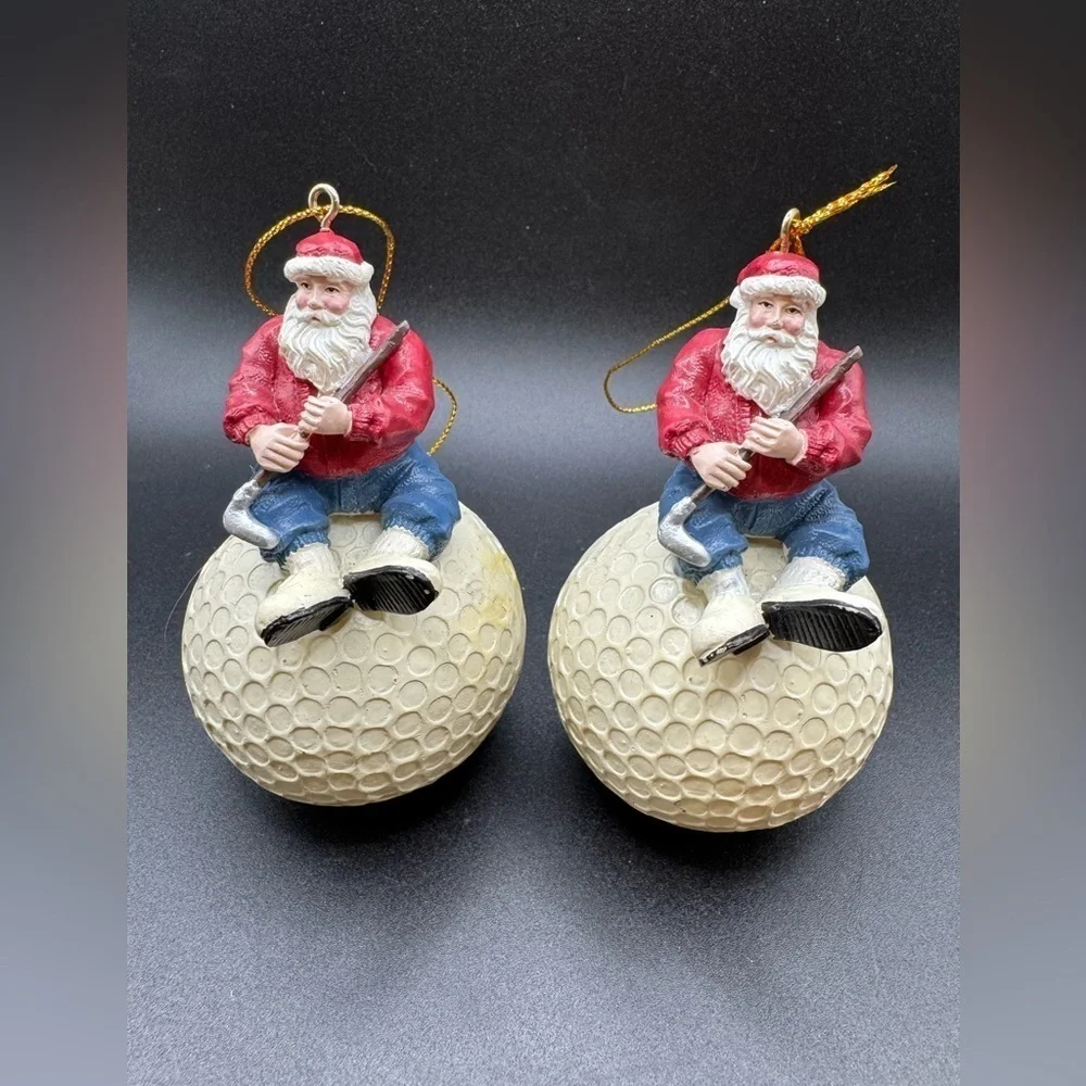 Set of 2 Vintage Santa Sitting on Golf Ball Christmas Holiday Ornaments 4”
